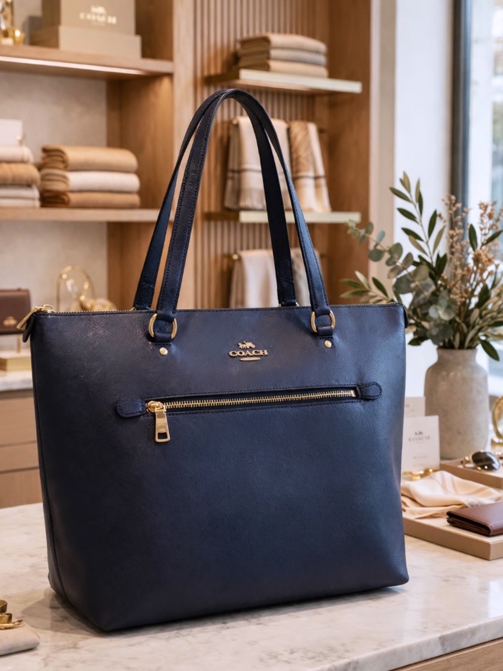 NWOT COACH Crossgrain Leather Deep Blue Zip-Top Tote Bag